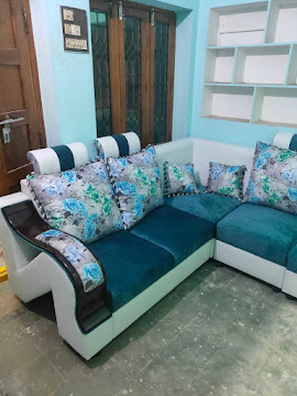Living room L-shaped corner sofa installed in Vijayawada by Andhra Furniture and Interiors