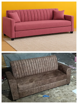 Designer channel-back velvet sofa in workshop